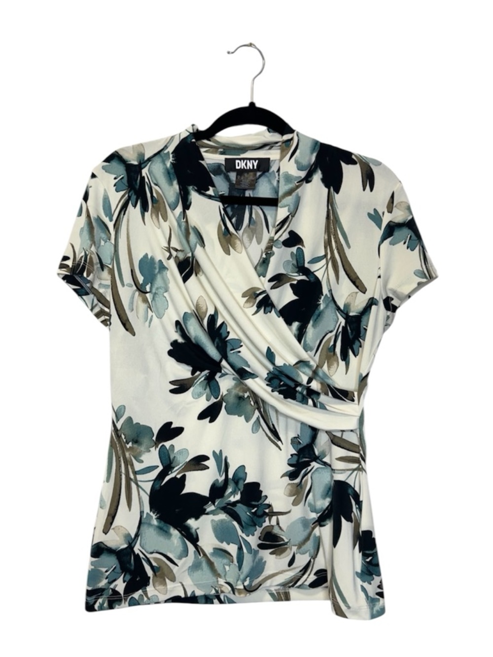 DKNY Watercolor Floral Faux Wrap Short Sleeve Dressy Office Top size Medium - Picture 9 of 9